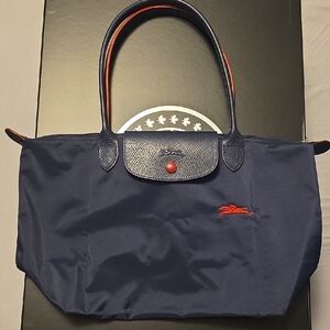 Longchamp Dark Blue Tote with Red Details